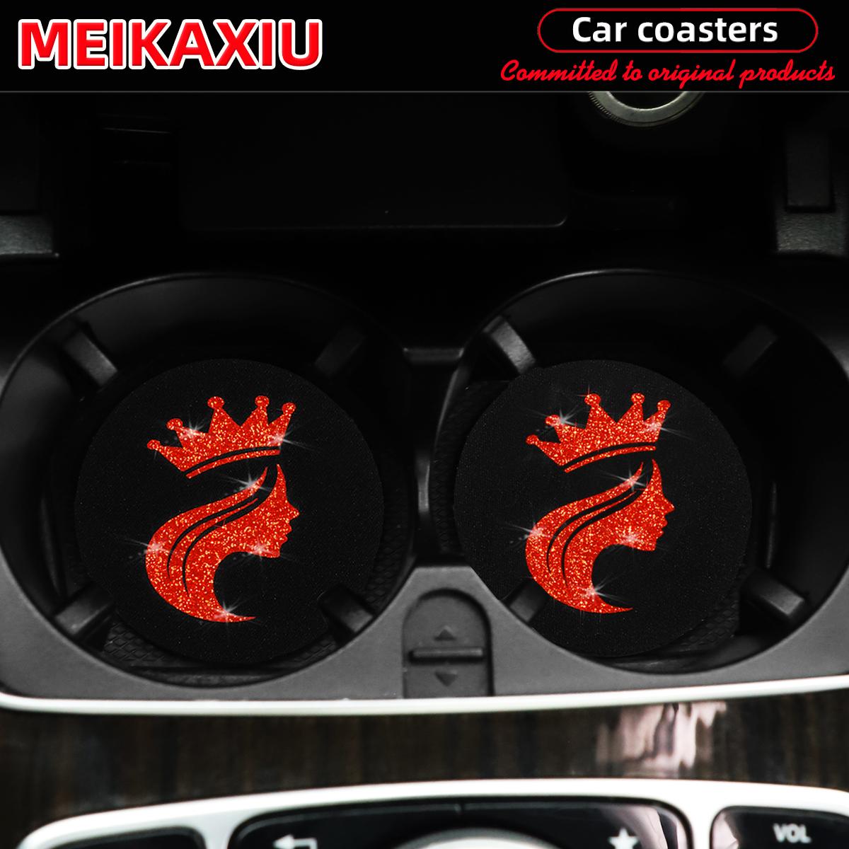 

2 pieces of Queen-themed bling-bling fabric car cup mats, interior car accessories for women. червоний