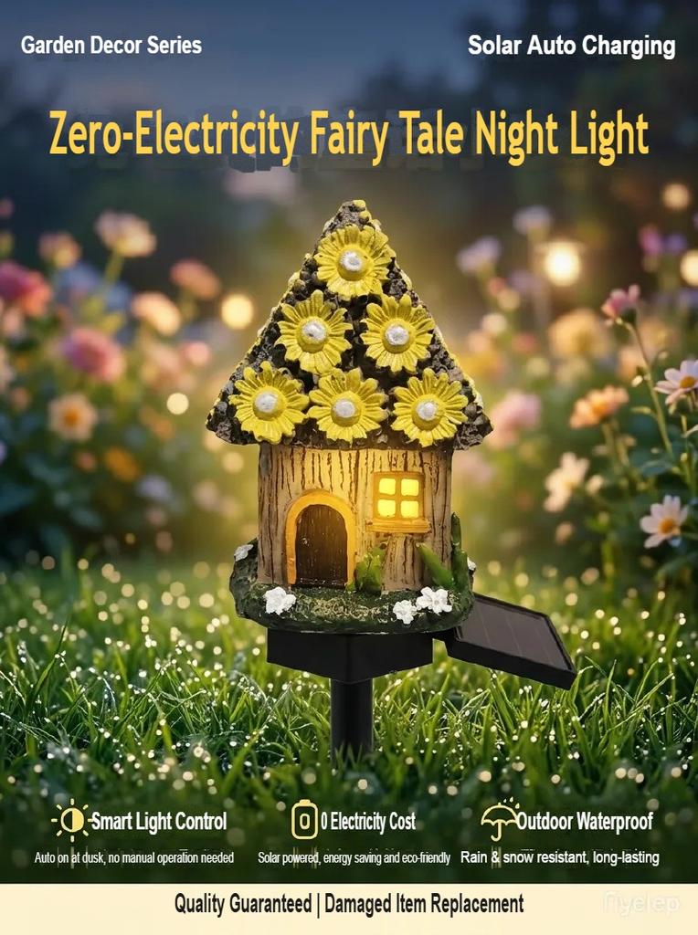 Solar Resin Garden Stake Lights Mushroom House Shaped Outdoor Waterproof Landscape Decorative Lawn Lamps for Yard Pathway