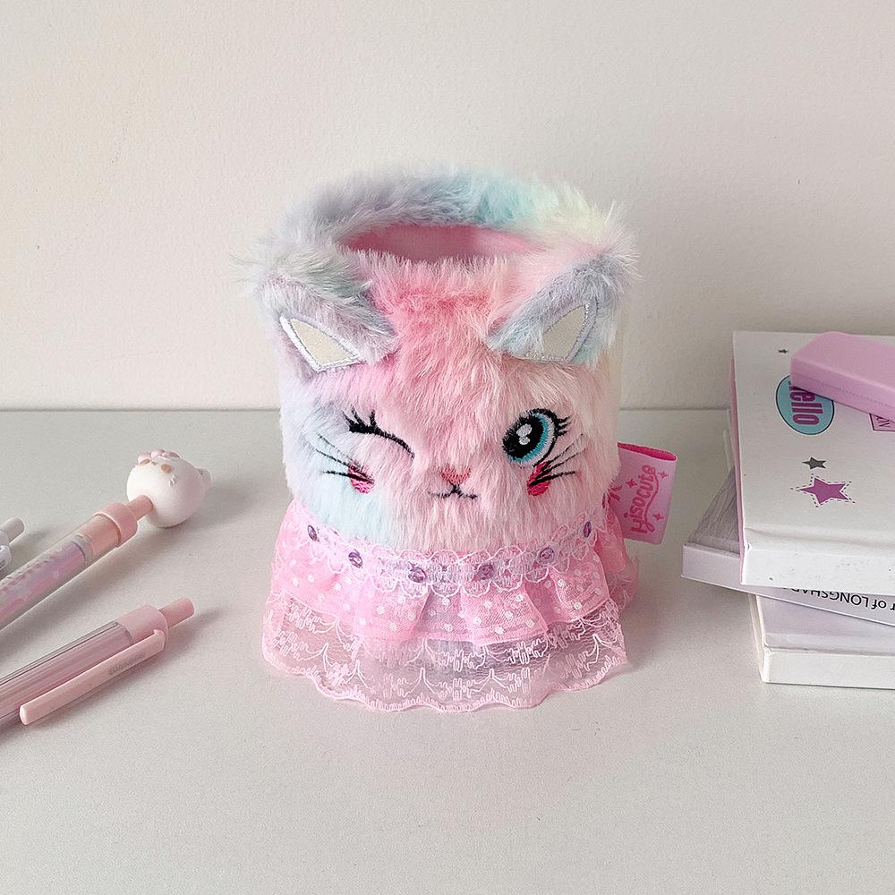 Portapenne Peluche Gatto Cartone Animato Creativo - Elegante Organizer da Scrivania per Studenti e Decorazione per Stanza del Dormitorio.