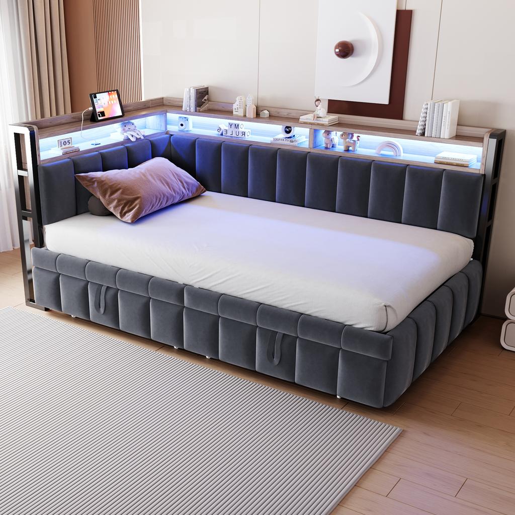 Canapé-lit individuel rembourré 90x200cm avec lit gigogne, éclairage LED, rangement aux extrémités tête et pied, ports USB et Type-C, tissu velours gris foncé