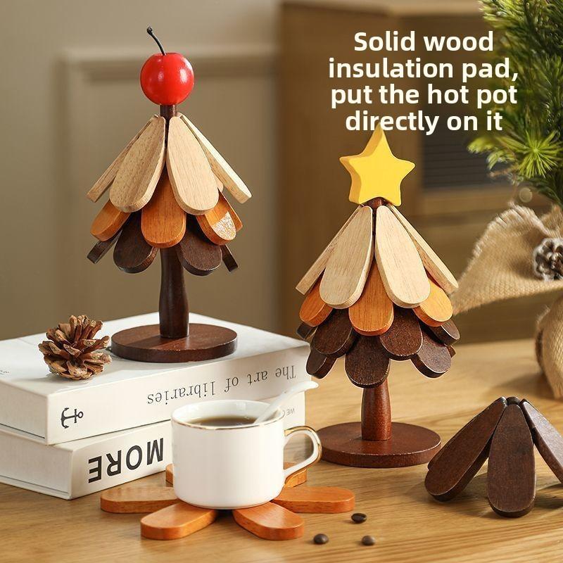 Christmas Tree Heat Resistant Coaster Set With Wooden Material For Holiday Table Decor