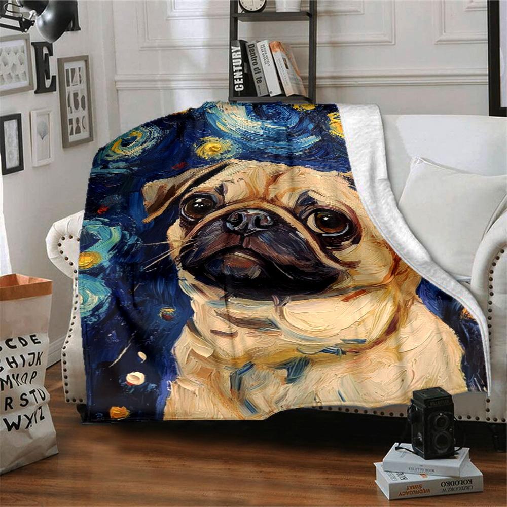 1pc Pug Art Print Blanket Lightweight Flannel Blanket Throw Blanket For Sofa, Bed, Travel, Camping, Livingroom, Couch, Chair, And Bed yy2509026191