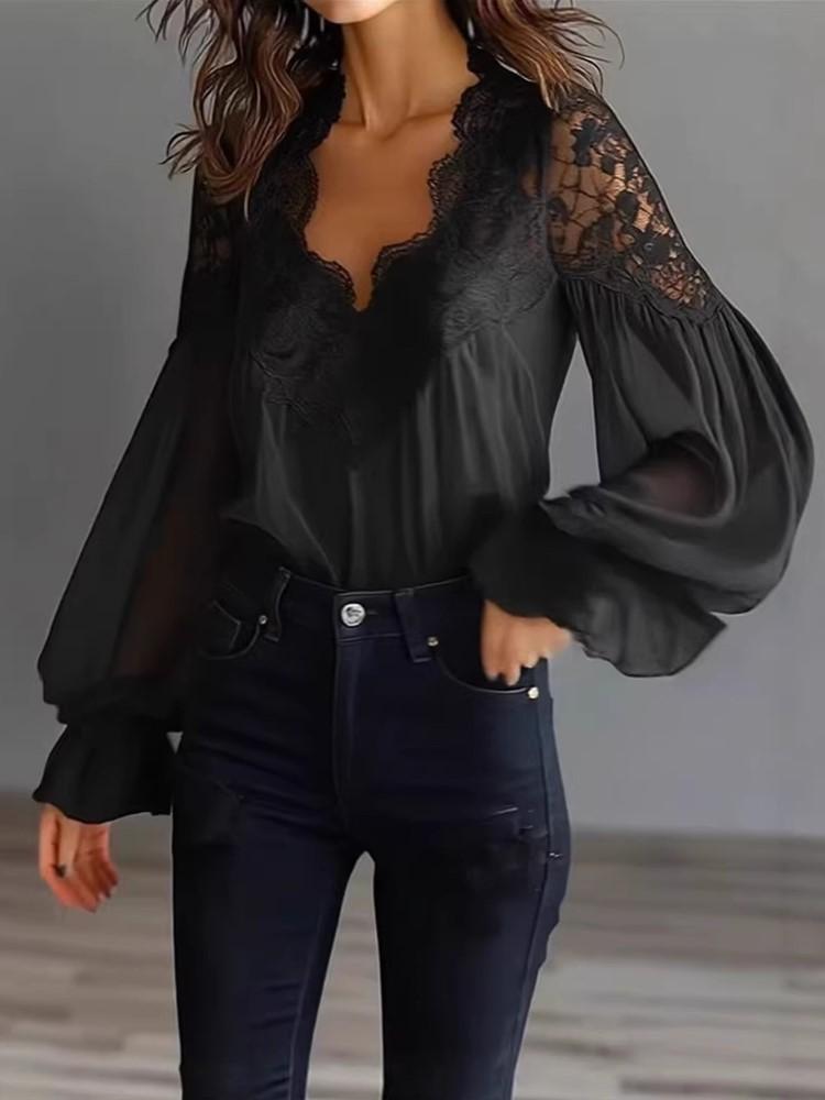 Long Sleeve Oversized Chiffon Lace Vintage Shirts & Blouses for Blouse Casual Loose Spring Summer Autumn Tops Women Shirt