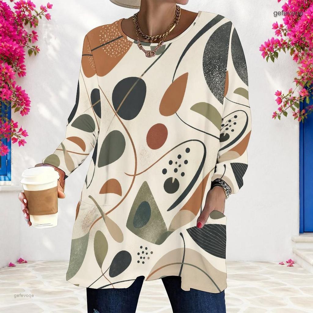 Women Plus Size Round Neck Long Sleeve Pink Purple Plaid Printed Loose Longline T Shirt With Pockets