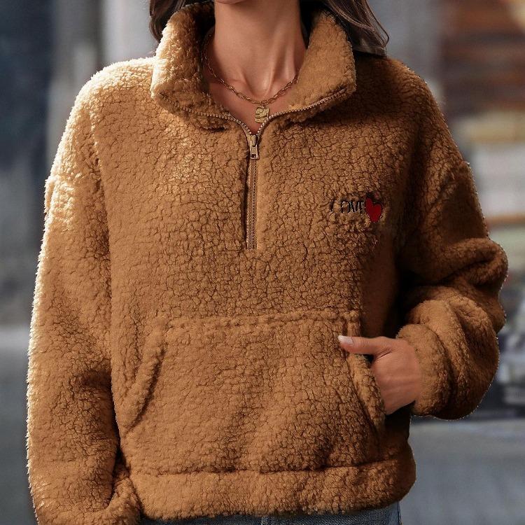 Women's Warm Fuzzy Oversized Fleece Sweatshirt Winter Sherpa Pullover Comfortable Casual Long Sleeve Quarter Zip with Pocket
