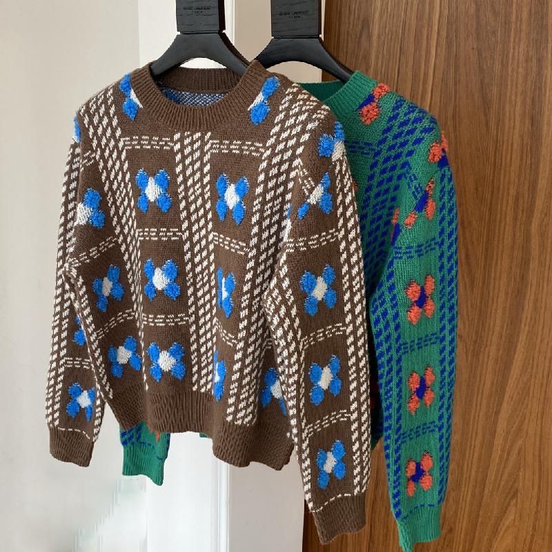 Hirsionsan Pulovere de toamnă largi cu gâtul în formă de pulover pentru femeie ocazional cu broderie florală pulover tricotat pentru femei de bază simplu lazy Jumpe