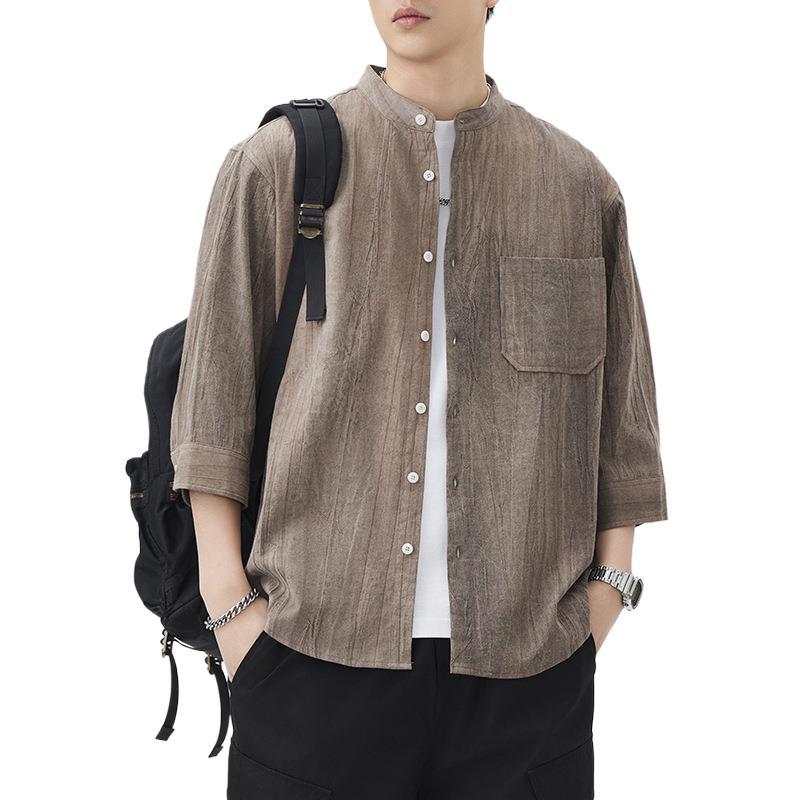 

Летняя хлопково-льняная винтажная рубашка с рукавом три четверти, мужская японская ретро-рубашка со стойкой, красота 4XL