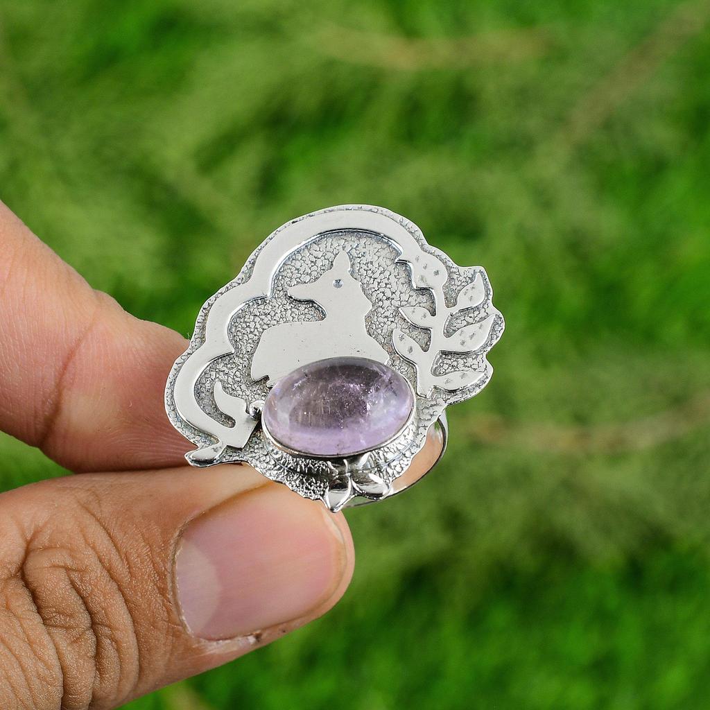 Oval African Amethyst Stone Bezel Promise Boho Ring Jewelry 925 Sterling Silver