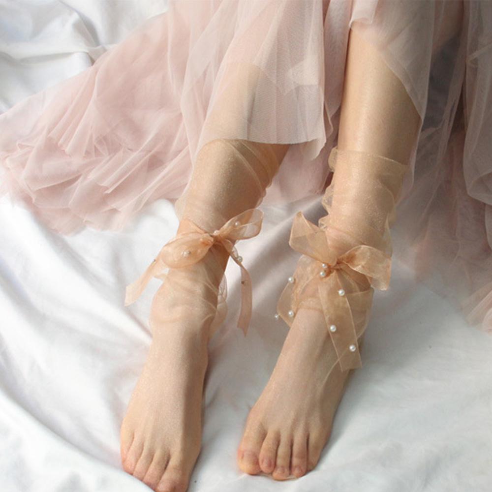 Fashion Funny Lace Up Bow Spring Chiffon Streetwear Women Socks Mesh Transparent  Socks