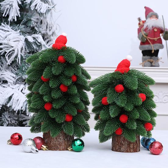 Tabletop Mini Christmas Tree Small Artificial Pine Tree with Wooden Base And Red Balls for Indoor Home Kitchen Dining Table Decor