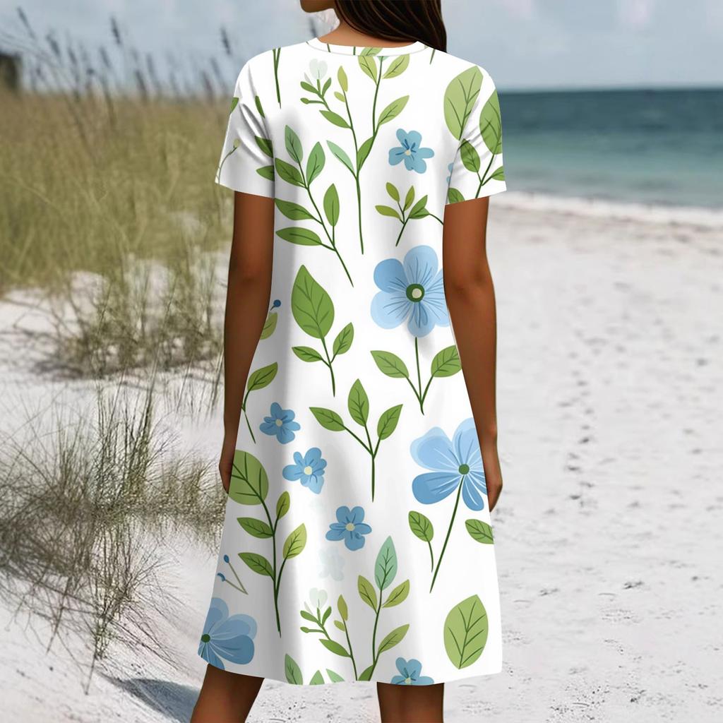 Short Sleeve Boho Dress For Women Casual Loose Fit Summer Sundress Floral Print Dress With Pockets