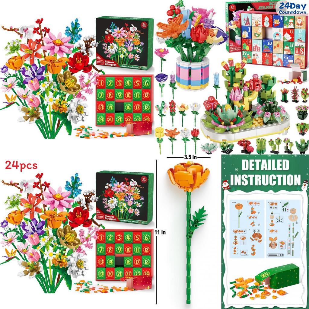 Bloemenboeket Kerst Aftelkalender Adventskalender Blind Box Blokkenset Met Doe-het-zelf Plezier Voor Huis Vakantie Decoratie