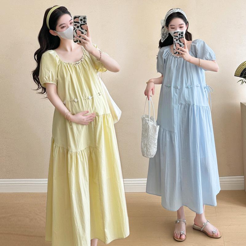 

2026 Summer Maternity Fashion: Beaded Puff Sleeve Dress - Loose, Fresh & Youthful Belly-Covering Design L синий