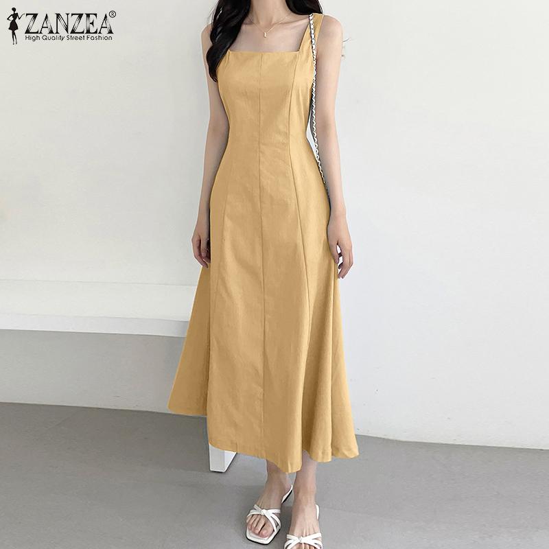 ZANZEA Women Casual Square Collar Summer Sleeveless Long Dress