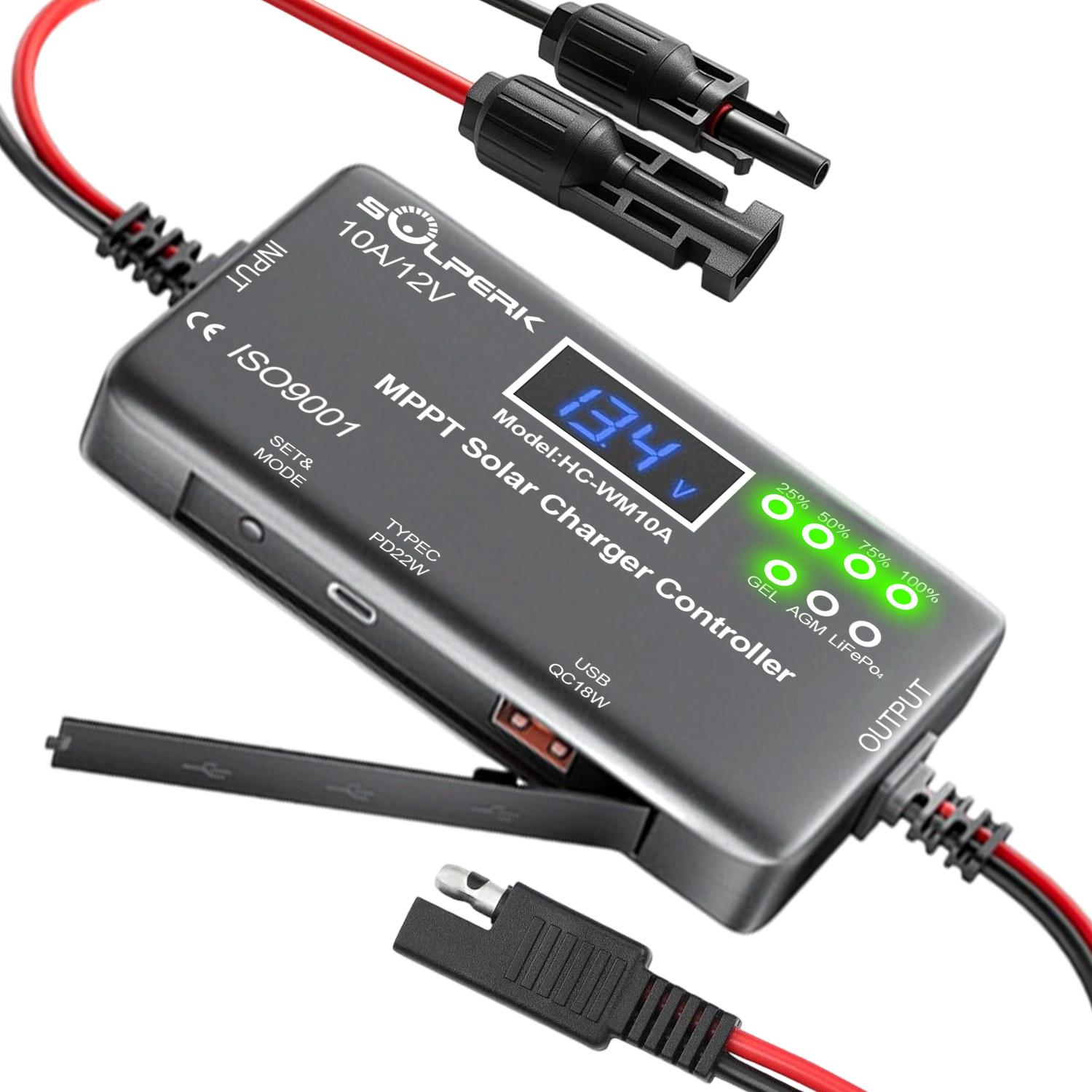 MPPT 10A 12V Solar Charge Controller with LCD Display, Solar Panel Charge Controller with Type-C and USB Output for Solar Panel чёрный