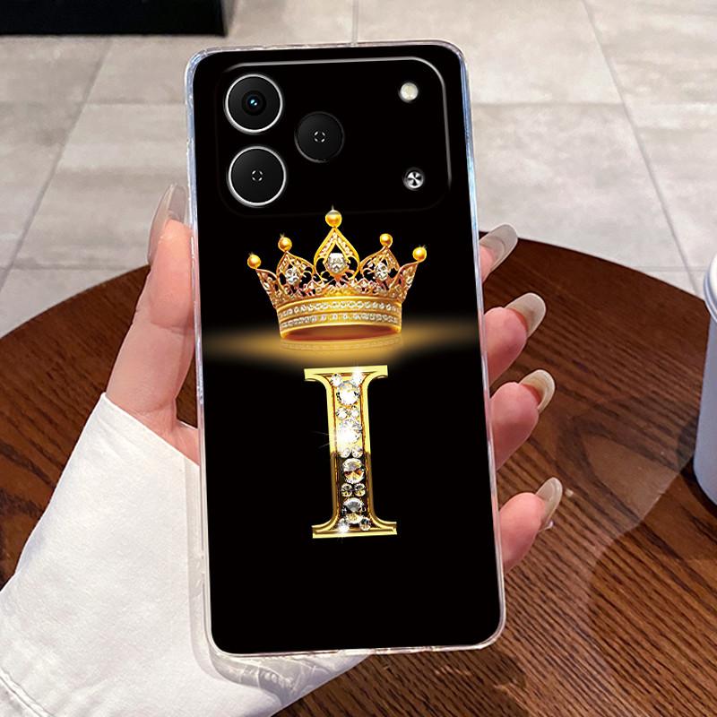 Phone Case For Tecno Spark 50 Bumper Transparent TPU Shockproof Soft Casing Crown Lucky Initial Letter Pattern Couple Shell