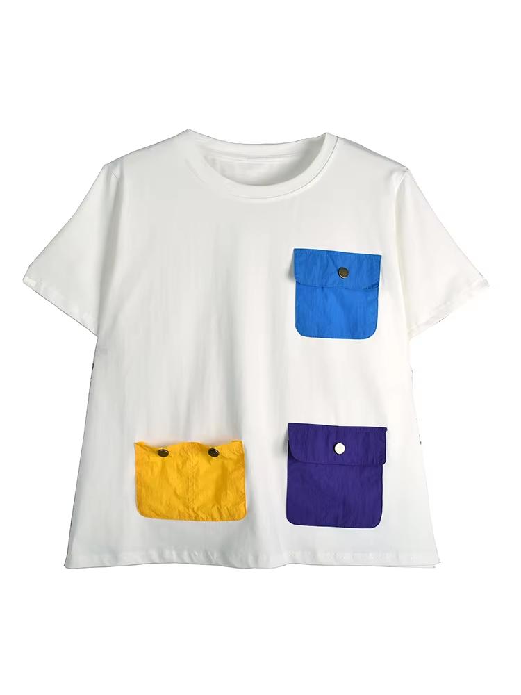 XITAO Pocket Patchwork Contrast Color T-Shirt ZY8922