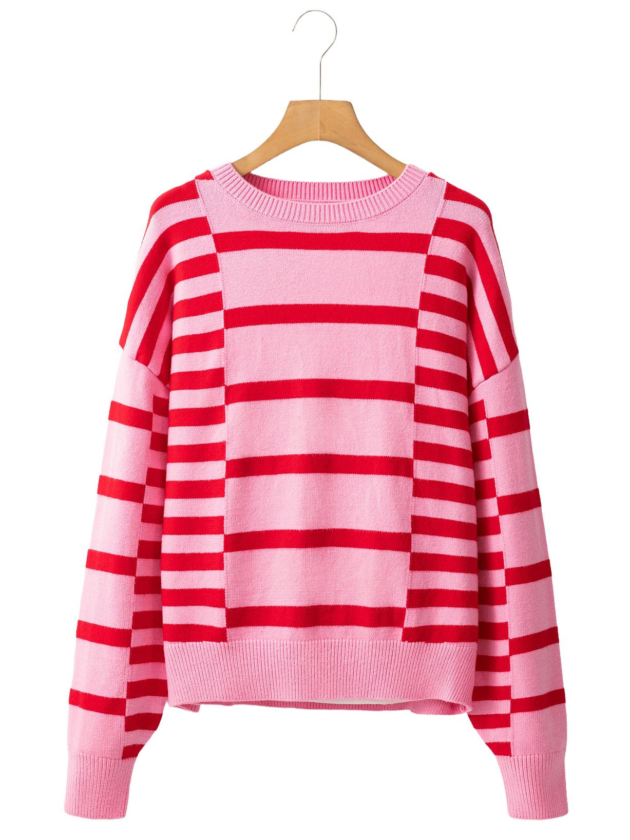 

Shiying Полосатый Пуловер с Круглым Вырезом и Цветными Блоками: Универсальный вязаный свитер свободного кроя для женщин XL розовый