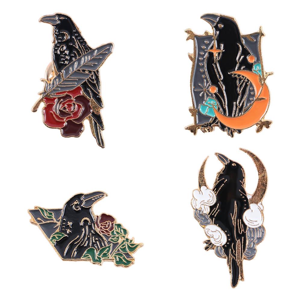Gothic Punk Bird Feather Moon Flowers Enamel Pin Cartoon Badges Metal Brooch Crow Raven Badges