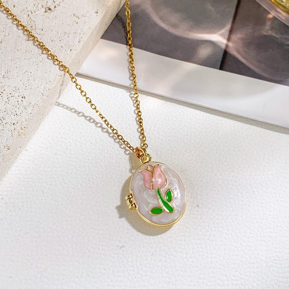 Opening and Closing Lid Photo Locket Pendant Necklace Titanium Steel Glazed Flower Choker Girl