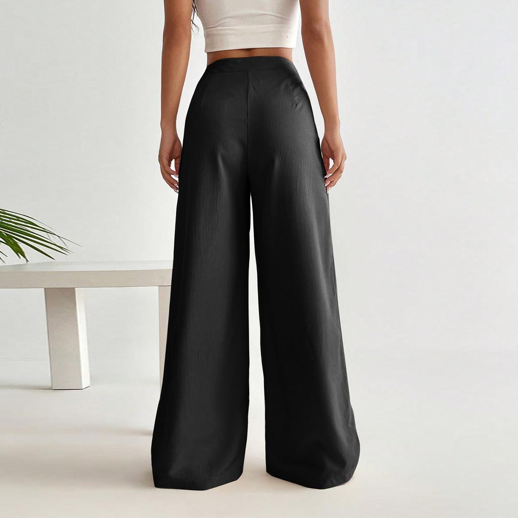 High Waisted Women's Straight Leg Pants Casual Solid Color Wide Leg Pants With Side Zipper