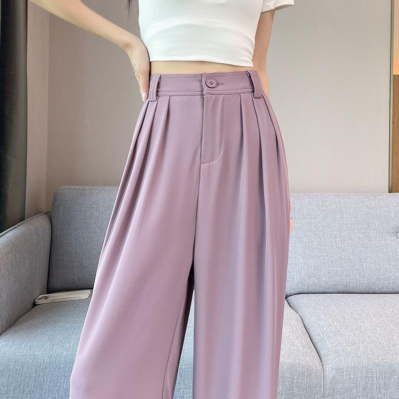2026 New High-Waisted Women s Ice Silk Wide-Leg Pants - Slimming, Thin, Casual, and Stylish for Summer Purple Regular