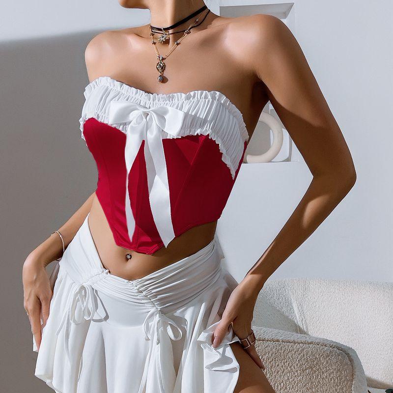 

Fashion Cross-Border Foreign Trade Street Patchwork Contrast Color Bows Sexy Tube Top Backless Fishbone Vest for Women Burgundy L