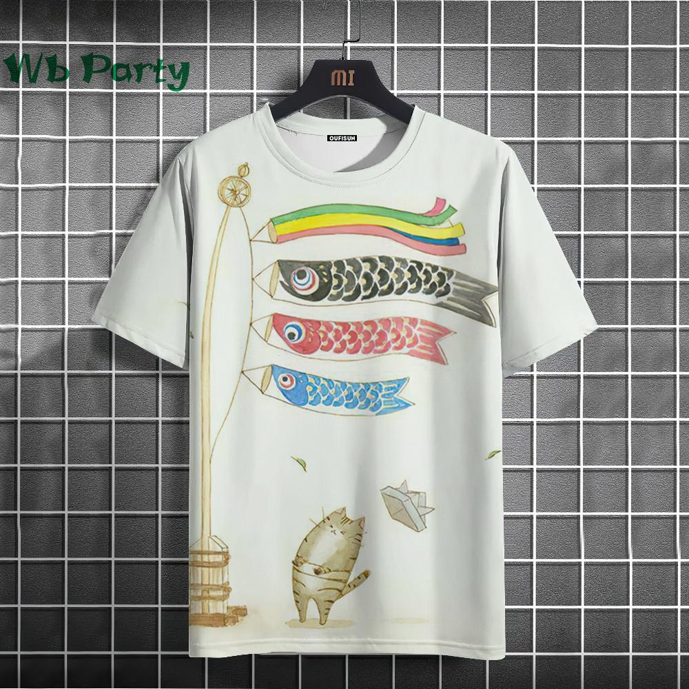 Summer Round Neck 3D Japanese Style Cartoon Cat Print Top Fashionable Casual Short Sleeved Men's T-shirts