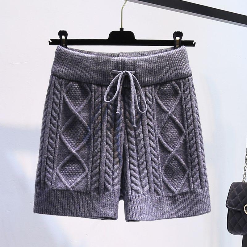 

Women s Braided Knit Shorts Solid Color High-waisted Diamond Knit Straight-leg Shorts Autumn Winter M сірий