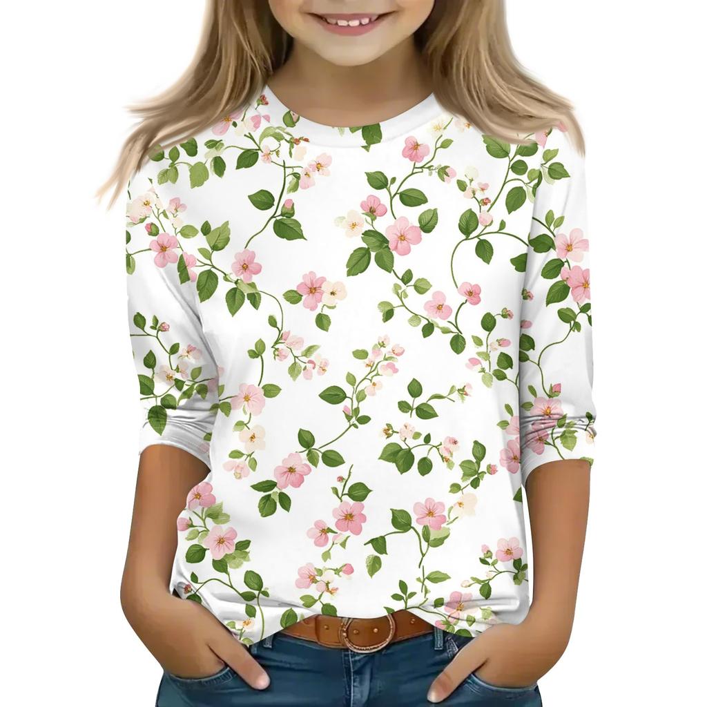 Print Tops For Youth Girls 5-16 Years Round Neck 3/4 Sleeves T-Shirts Trendy Tops Outfit Tees