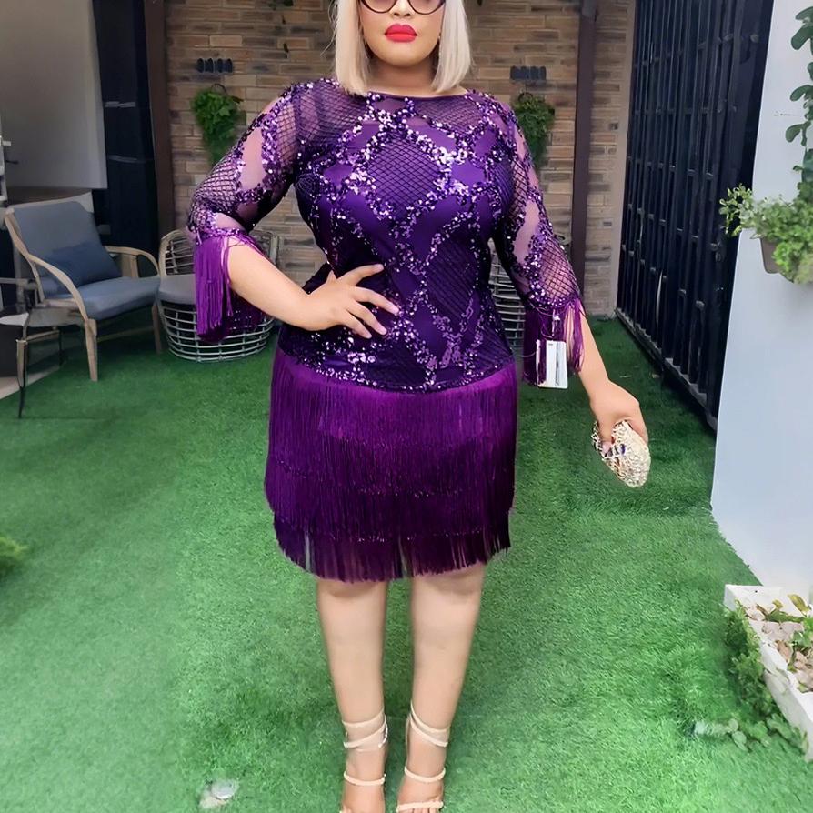 Sequined Tassel Dresses Woman Plus Size Sexy Package Hips Mid Calf Dress Clothes New s фиолетовый