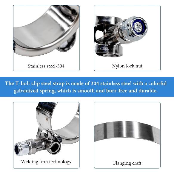 4 PCS 2" T-Bolt Hose Clamp, Stainless Steel Adjustable Pipe Clamp with Working Range 57-65mm, Heavy-Duty Turbo Intake Intercooler Clamps ert Locknut