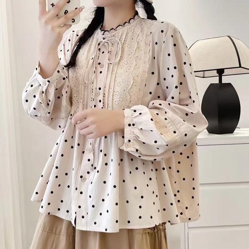 Johnature Japanese Embroidery Lace Polka Dot Shirt Spring Summer Casual Balloon Sleeve Shirt Women Loose Forest Tops