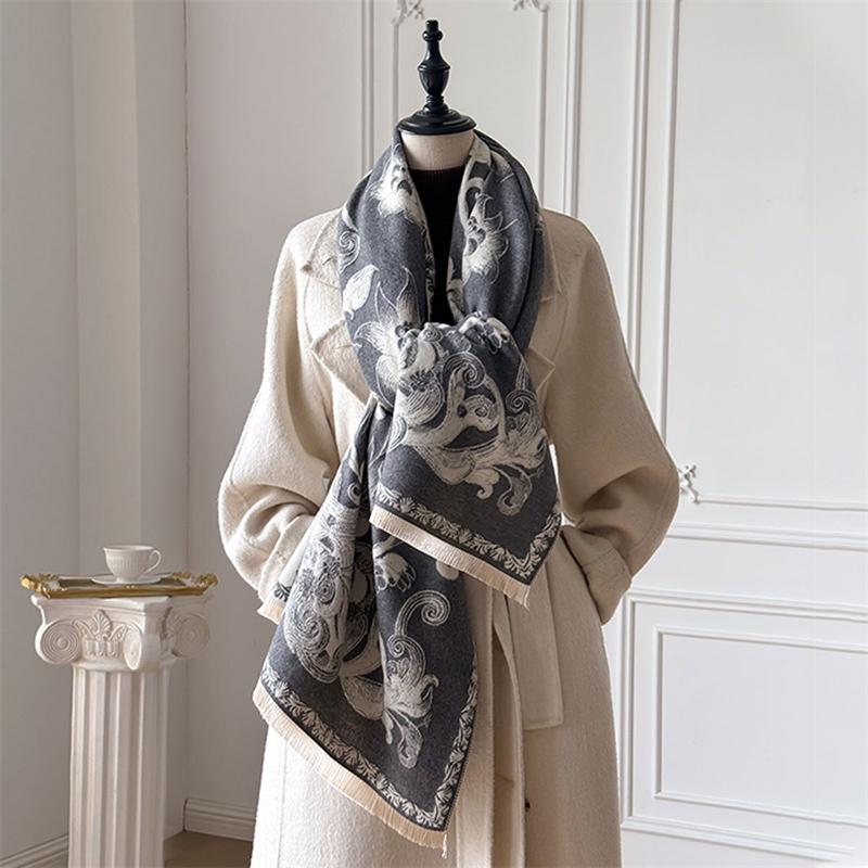 Winter Cashmere Scarf for Women Luxury Warm Shawl Floral Print Windproof Cape Pashmina Handerchief Designer Female Scarf