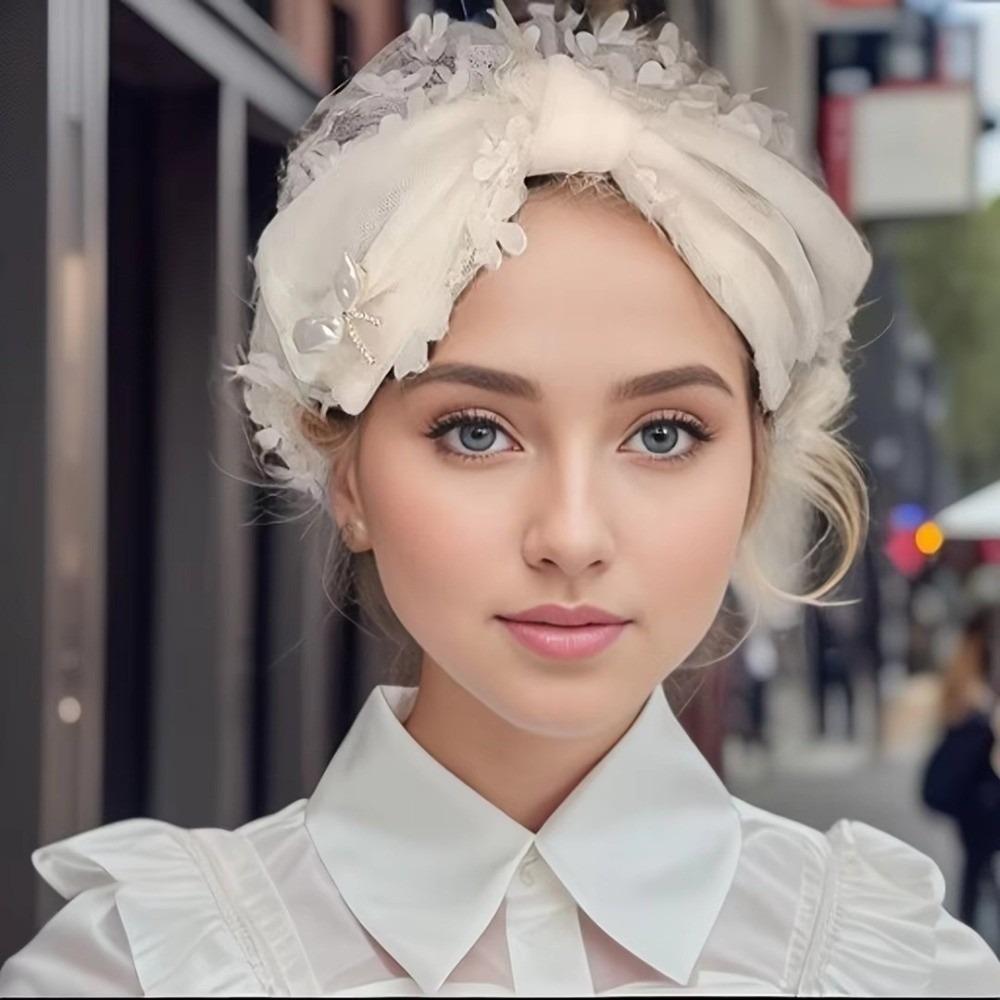 Faux Pearl Headscarf Hat Lace Flower Bohemian Headscarf Fashion Bonnet Hat  Summer Wear