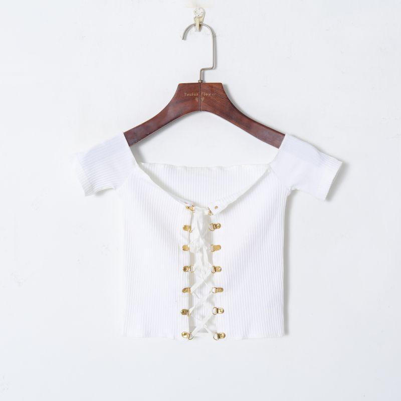 

Women s Elegant off-Shoulder Cross Lace-up T-shirt Short Sleeves Shirt White M