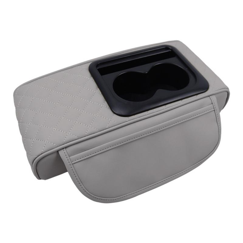 Upgrades Leather Auto Armrest Cover with Built In Drink Holder & Smartphone Stand Vehicle Console Lid for Long Trip