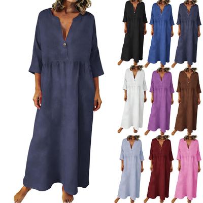 Women's Fashionable Cotton-Linen Long Dress Loose-Fit Casual V-Neck Plus Size Dress
