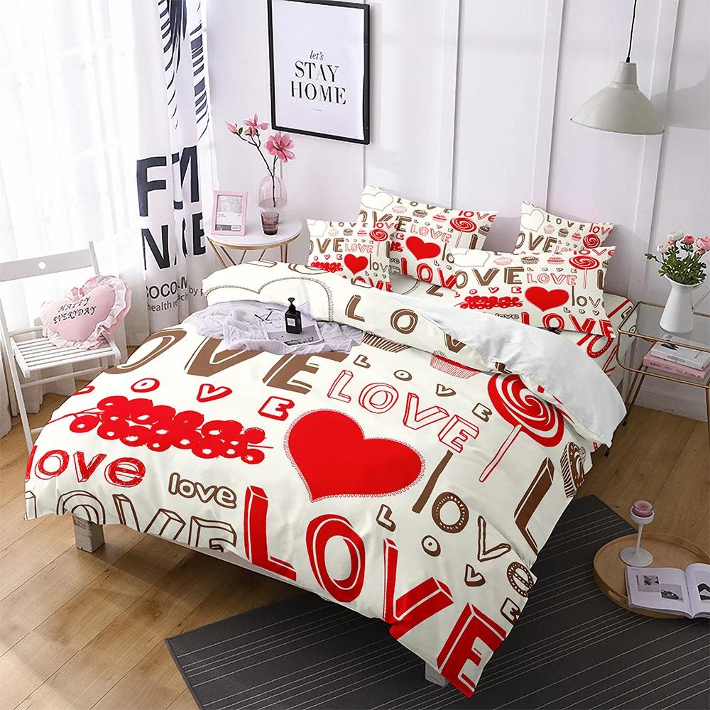 Comforter Lips Polyester Red Heart Valentine'S Day Present For Couple Wife King Queen Size Bedding Set With