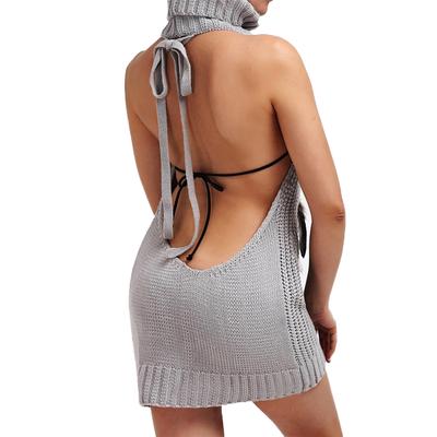 Frauen Sexy Backless Sleeveless Turtleneck Pullover Stricken Pullover Cosplay Kleid