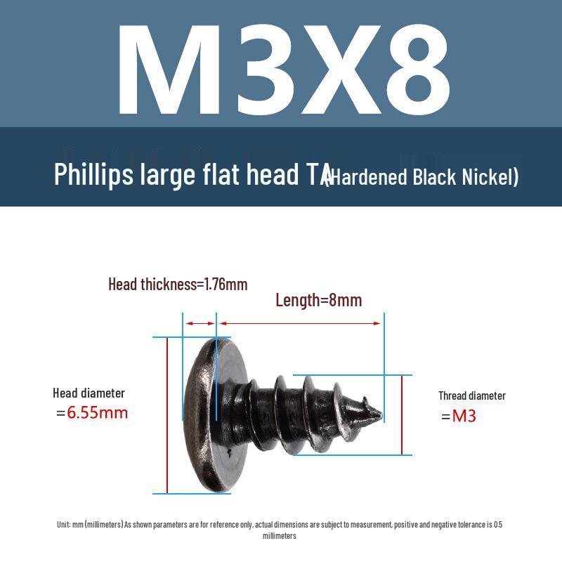 Yigu Black Nickel Hardened Phillips Flat Head Self-Tapping Screws M3-M5, Carbon Steel, Coarse Thread, Pointed Tail