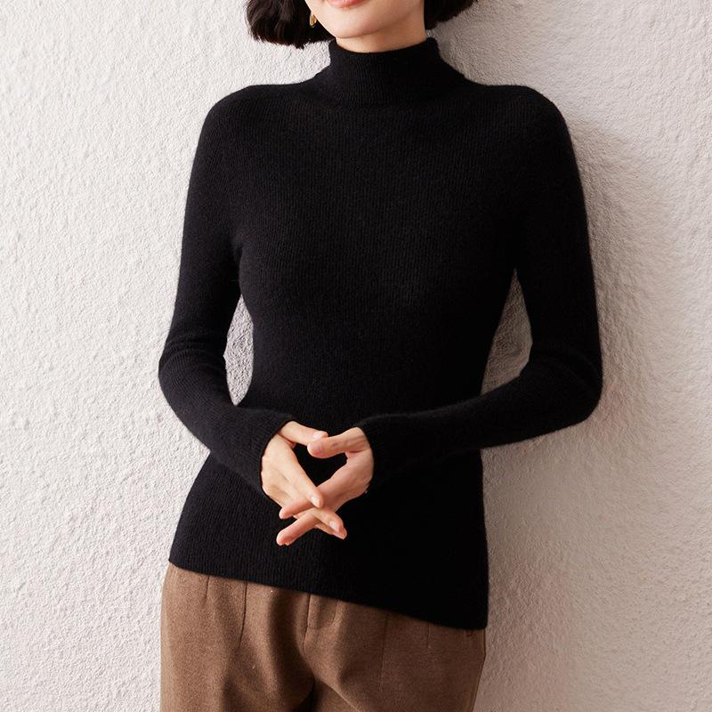 Women's High Neck Cashmere Sweater: Slim Fit Long Sleeve, Stacked Collar Knit for Autumn/Winter