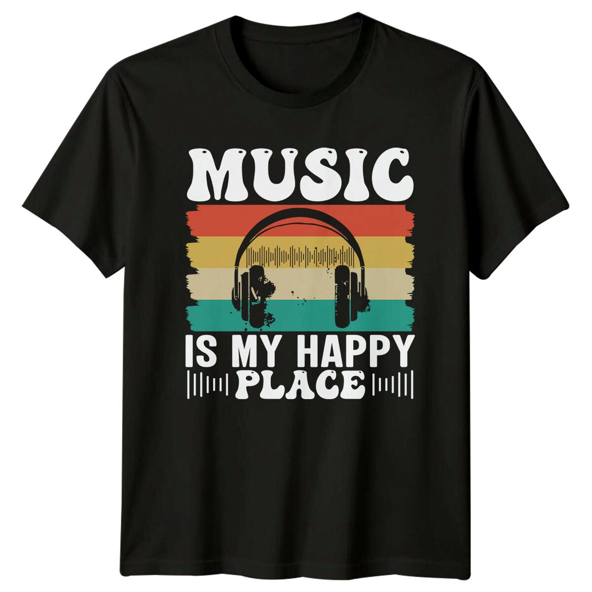 Music Is My Happy Place Retro Headphones Music Lover T-Shirt M