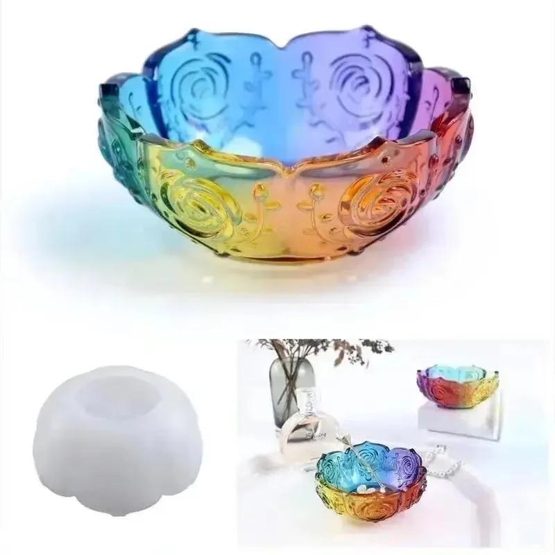 New Embossed Flower Bowl Silicone Mold DIY Crystal Drip Resin Gypsum Mold Patterned Bowl Rose Lotus Storage Bowl Silicone Mold
