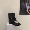 Retro Hong Kong style summer fashion cool boots casual belt buckle toe versatile short boots wedge heel shoes