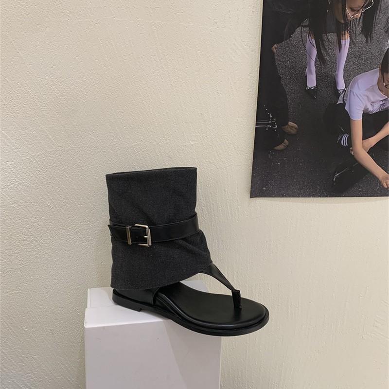 Retro Hong Kong style summer fashion cool boots casual belt buckle toe versatile short boots wedge heel shoes