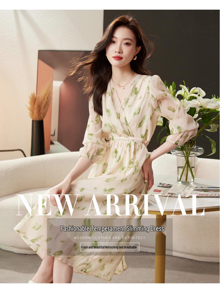 High-End Floral Print V-Neck Long Sleeve Summer Dress for Women