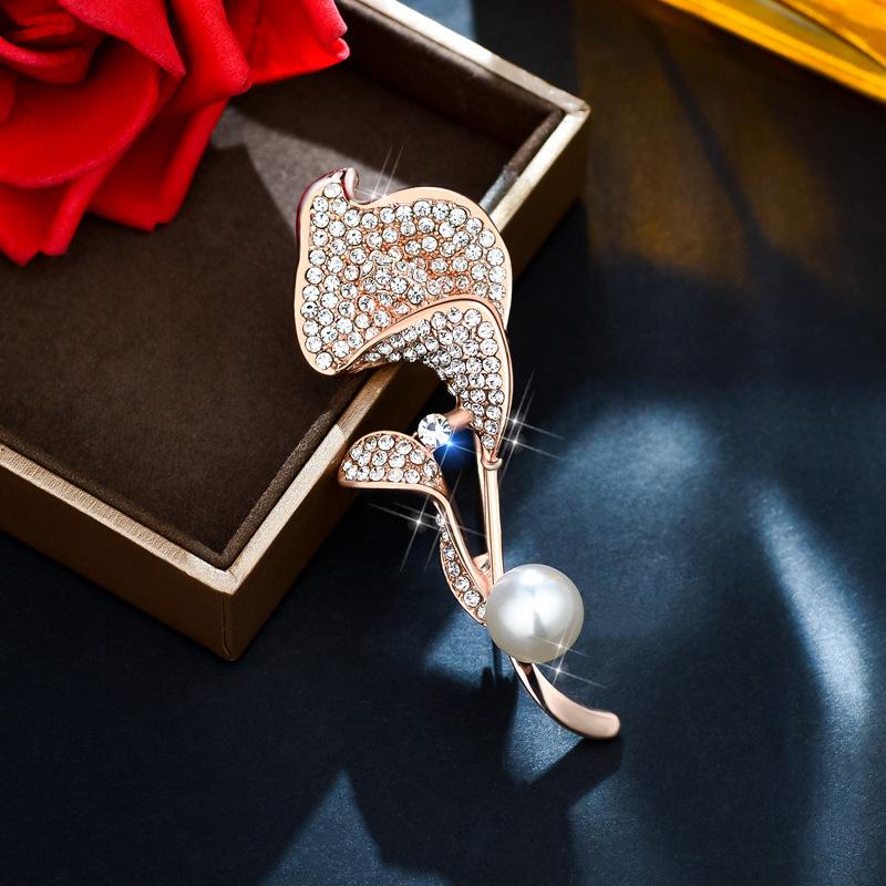 Korean Fashion Handmade Collar Pin with Diamond Leaves & Cat's Eye Stone Brooch - Floral Design for Skirt, Women N079