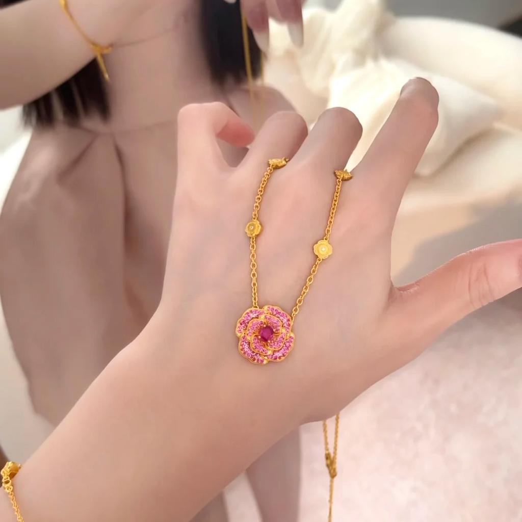 New Chinese Style Red Peony Necklace Real Gold Electroplating Light Luxury High-End Sense Red Corundum Rose Pendant Female