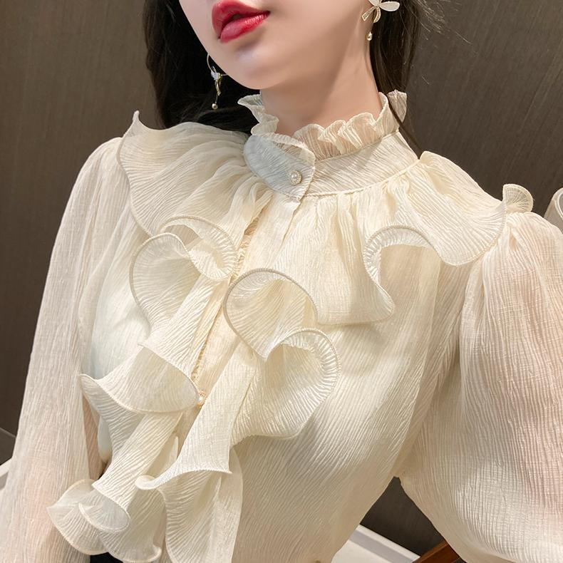 Elegantní jaro nové volánkový stojáček límeček s dlouhým rukávem šifon košile jednobarevné dámské halenky černá košile cardigan